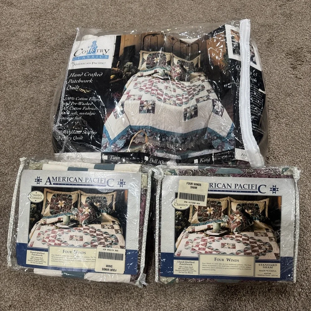 Vtg American Pacific Quilt Patchwork Full/Queen Set 86x86 2 Shams Four Winds